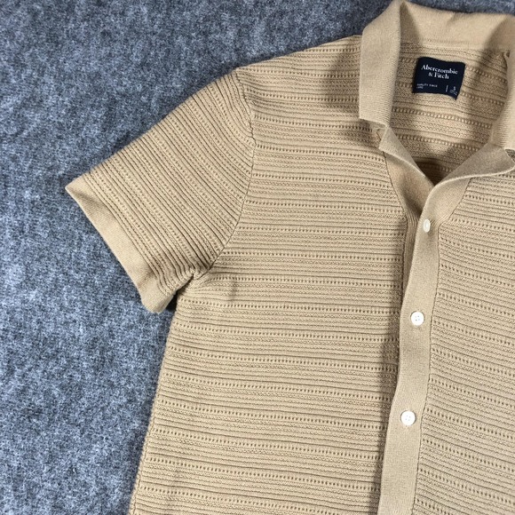 Abercrombie & Fitch Shirt Mens Small Tan Knit Button Front Camp Collar Retro - Picture 6 of 16